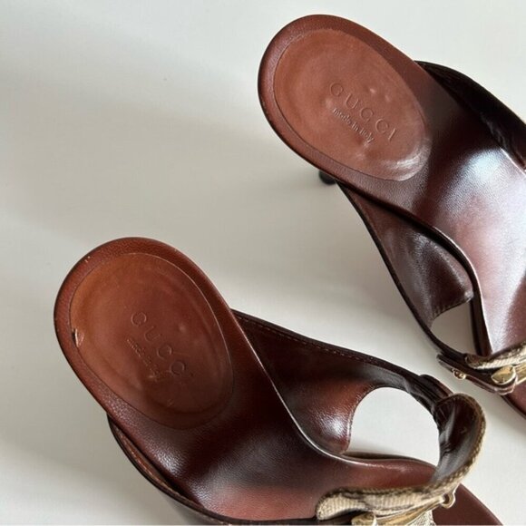 Gucci Horsebit Brown Leather and GG Canvas Slide Sandals Size 8.5B - Picture 4 of 10